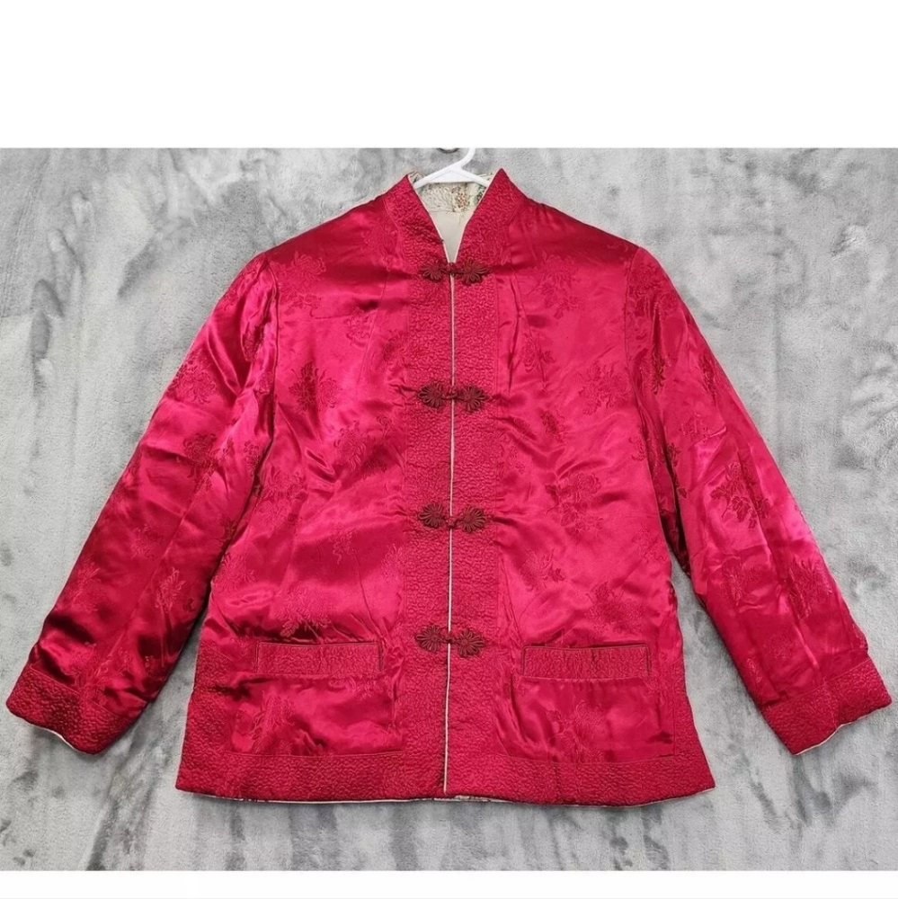 Vintage 60s Peony Reversible Satin Jacquard Tang Jacket Size XXL Red Silver